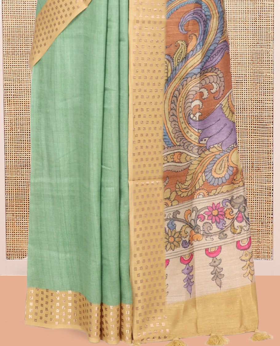 Green Plain Fancy Tussar Silk Saree, Contrast Triangle Motif Border, Pallu of Kalamkari Peacock Motifs, and Contrast Kalamkari Printed Blouse