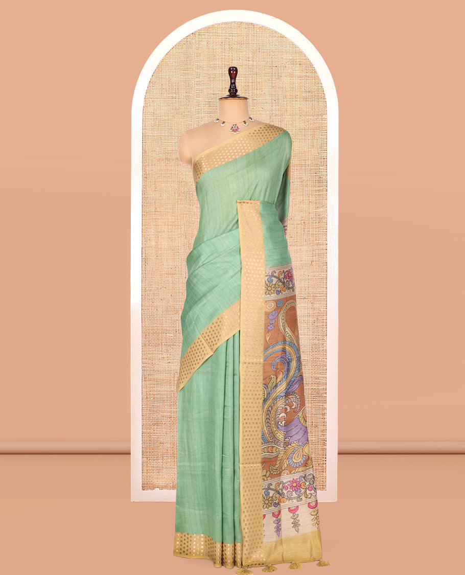 Green Plain Fancy Tussar Silk Saree, Contrast Triangle Motif Border, Pallu of Kalamkari Peacock Motifs, and Contrast Kalamkari Printed Blouse