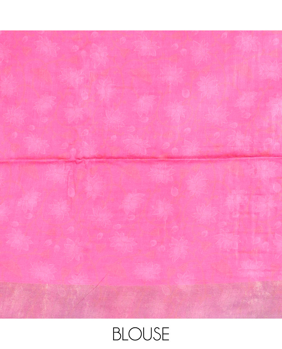 Hot pink Pichwai Lotus and cow digital printed tussar silk saree, zari border, and checked pallu