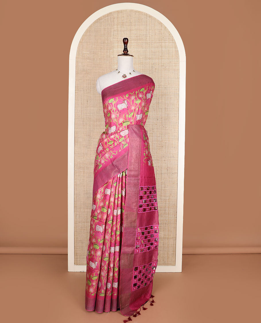 Hot pink Pichwai Lotus and cow digital printed tussar silk saree, zari border, and checked pallu