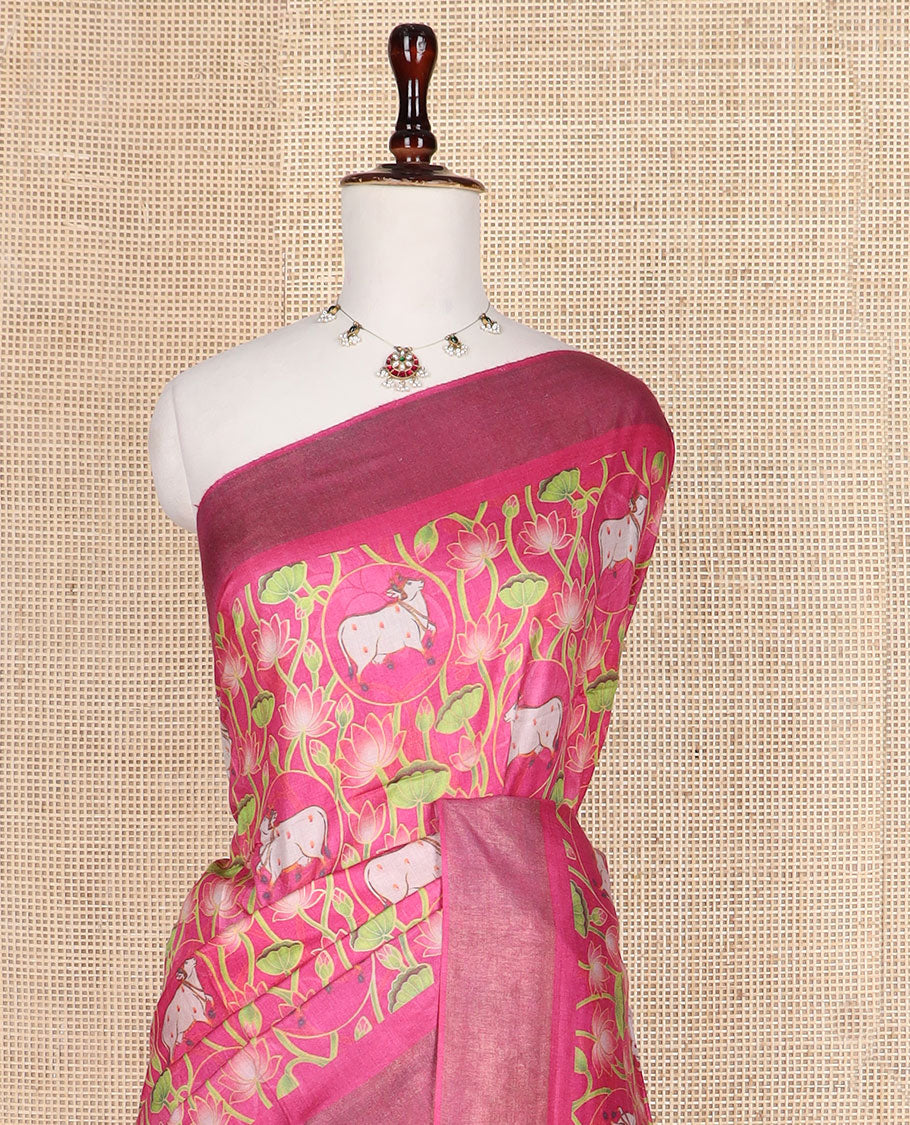 Hot pink Pichwai Lotus and cow digital printed tussar silk saree, zari border, and checked pallu