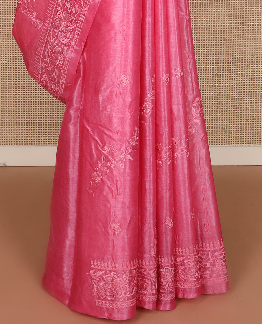 Pink diagonal floral stripes thread embroidered tussar saree, floral creeper embroidered border