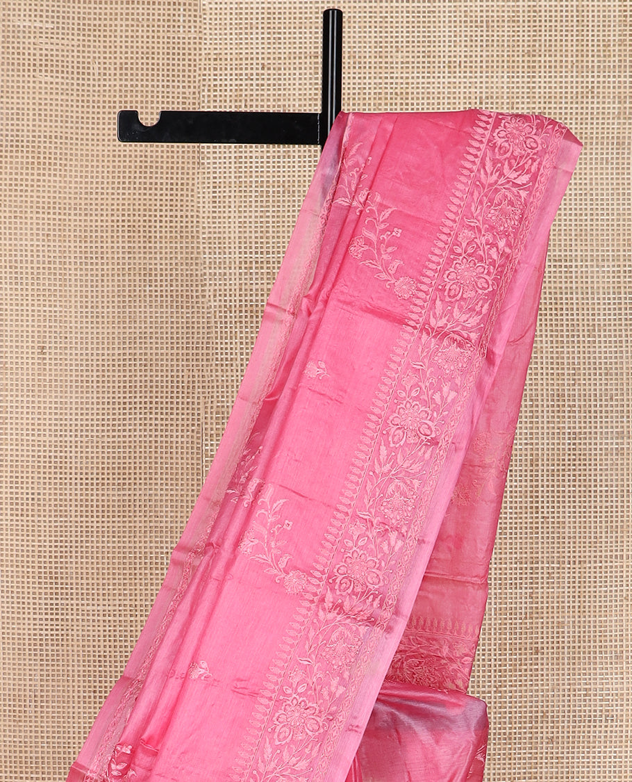 Pink diagonal floral stripes thread embroidered tussar saree, floral creeper embroidered border