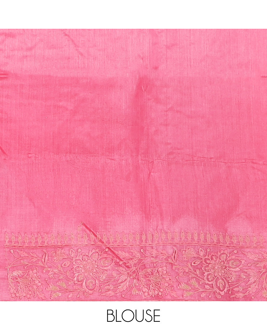 Pink diagonal floral stripes thread embroidered tussar saree, floral creeper embroidered border