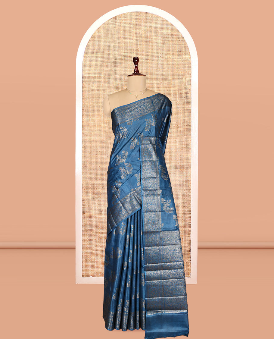 Blue Tusser Silk Saree, Subtly Sparkled with Zari Buttas, a Floral Creeper Zari Border, Grand Pallu, and a Matching Blouse