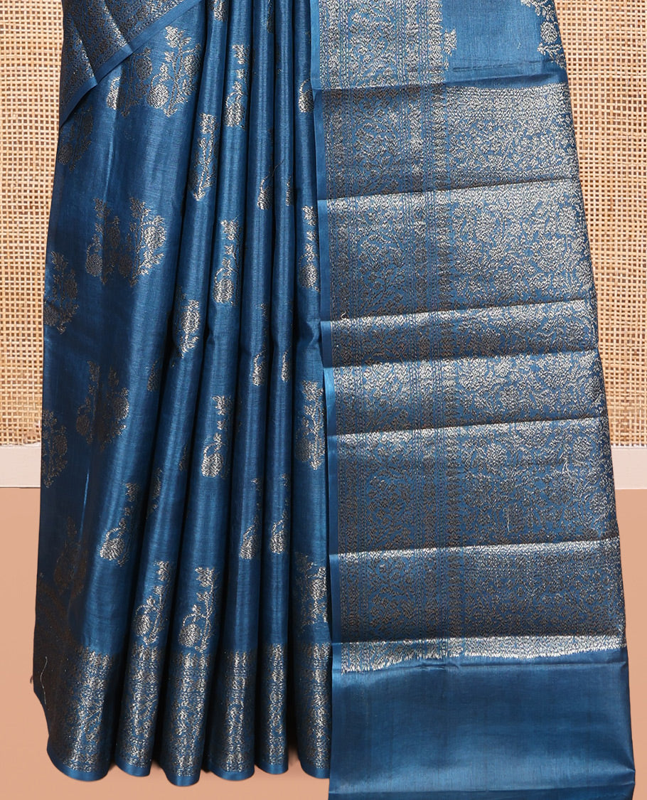 Blue Tusser Silk Saree, Subtly Sparkled with Zari Buttas, a Floral Creeper Zari Border, Grand Pallu, and a Matching Blouse