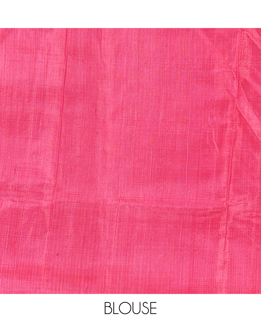 Pink tiny boxed motif stripes tussar silk saree, self-border, and gleaming zari pallu
