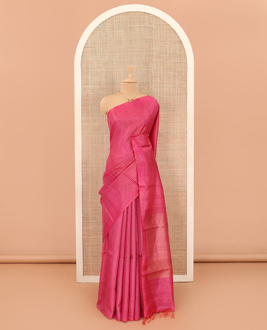 Pink tiny boxed motif stripes tussar silk saree, self-border, and gleaming zari pallu