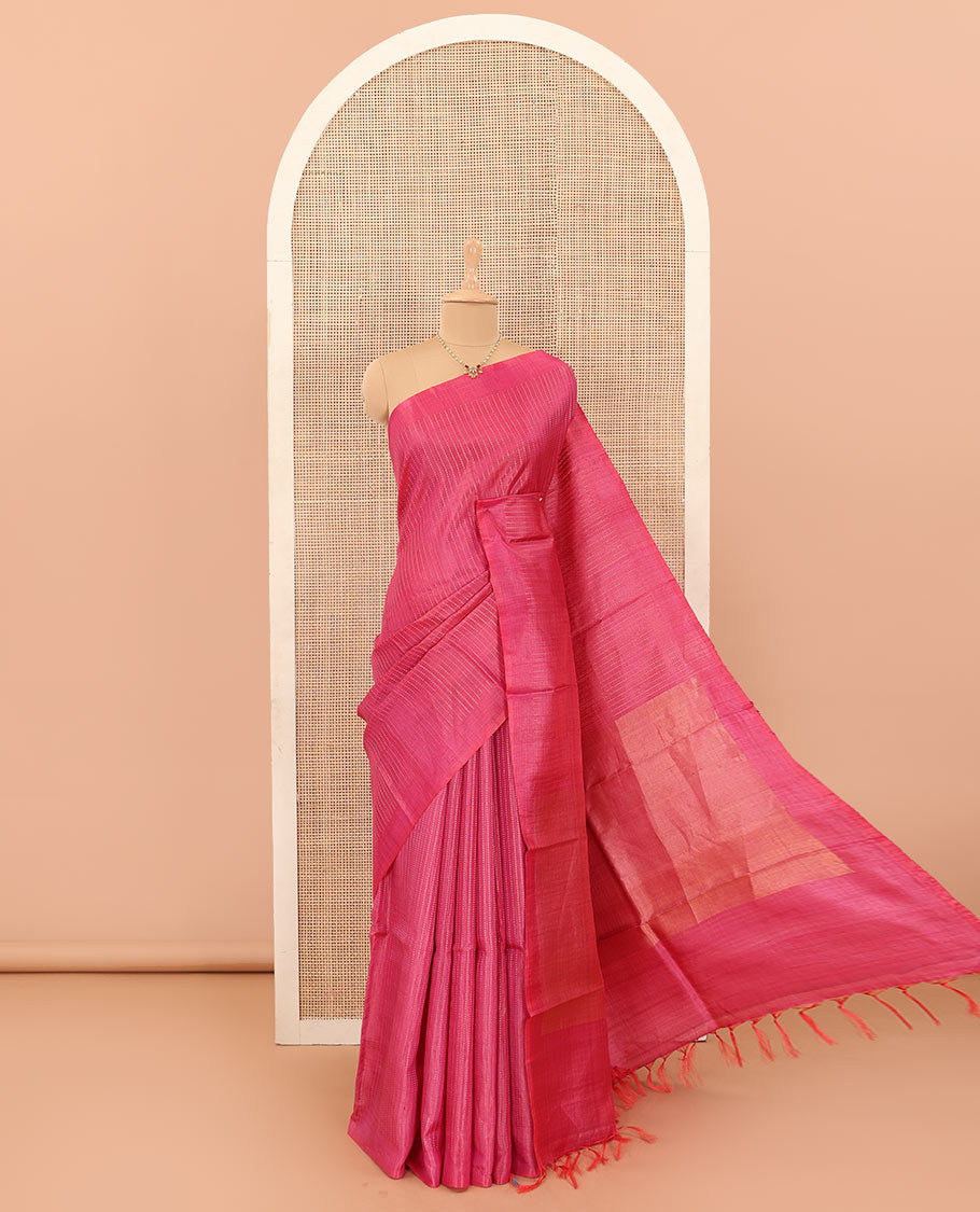 Pink tiny boxed motif stripes tussar silk saree, self-border, and gleaming zari pallu