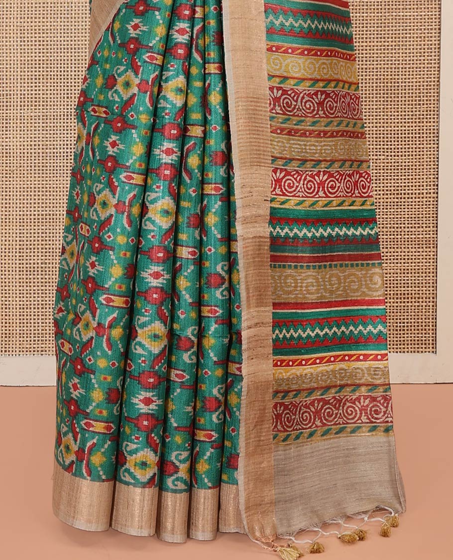 Green Tussar Silk Saree Delicately Printed with Ikkat Geometric Patterns, Complemented by a Contrast Border, Pallu of Colorful Geometric Print, Paired with a Contrast Blouse