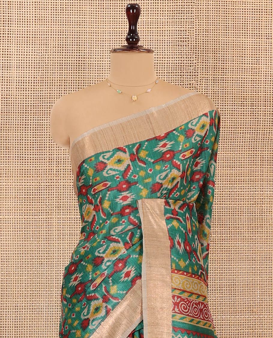 Green Tussar Silk Saree Delicately Printed with Ikkat Geometric Patterns, Complemented by a Contrast Border, Pallu of Colorful Geometric Print, Paired with a Contrast Blouse