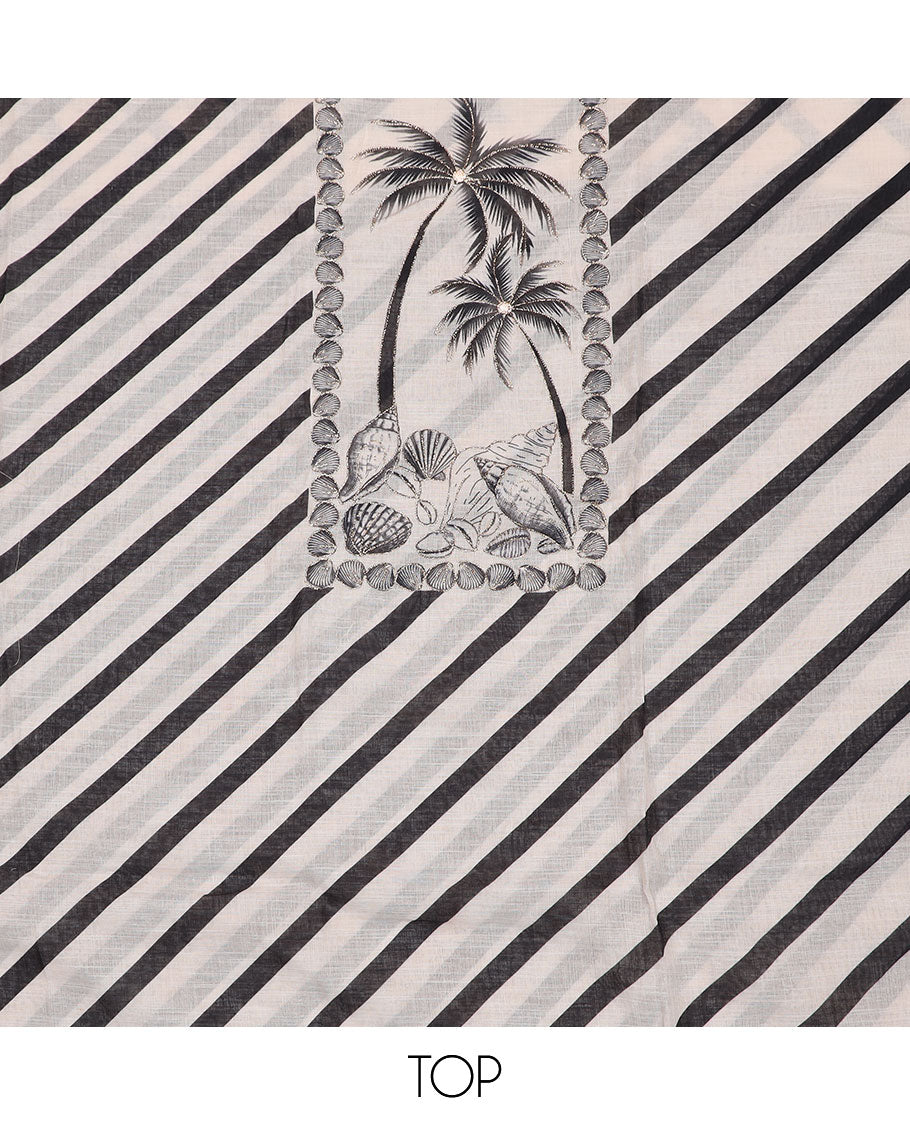 Cream cotton material chudidar set, sea shells and coconut patch embroidered with stripes printed top, plain bottom, and cocont tree print dupatta