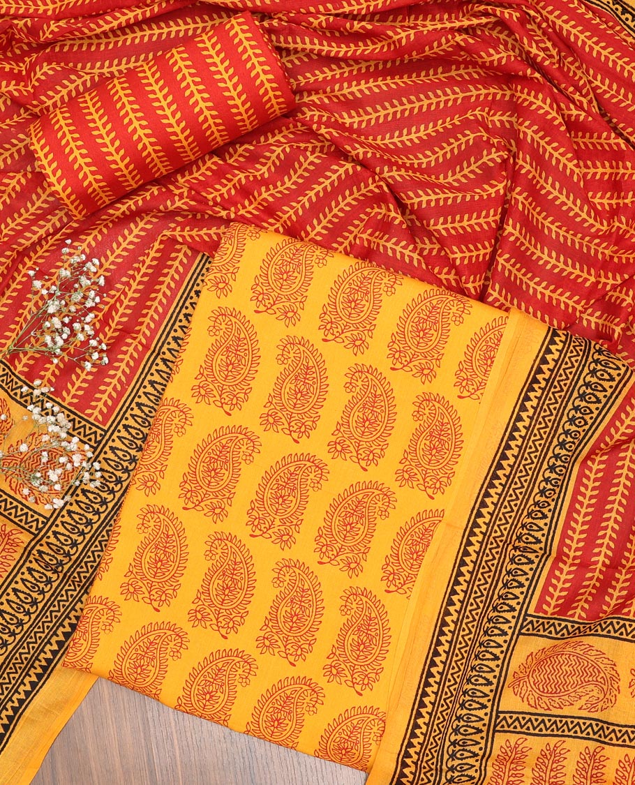 Yelow chudidhar material set paisley motifs top with contrast leaf vine bottom & leaf vine , floral design dupatta