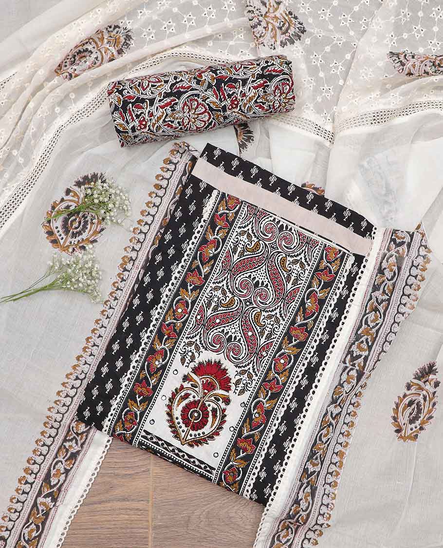 Black floral design, sequins embroidery chudidhar material top with floral design bottom & floral design, thread embroidery dupatta