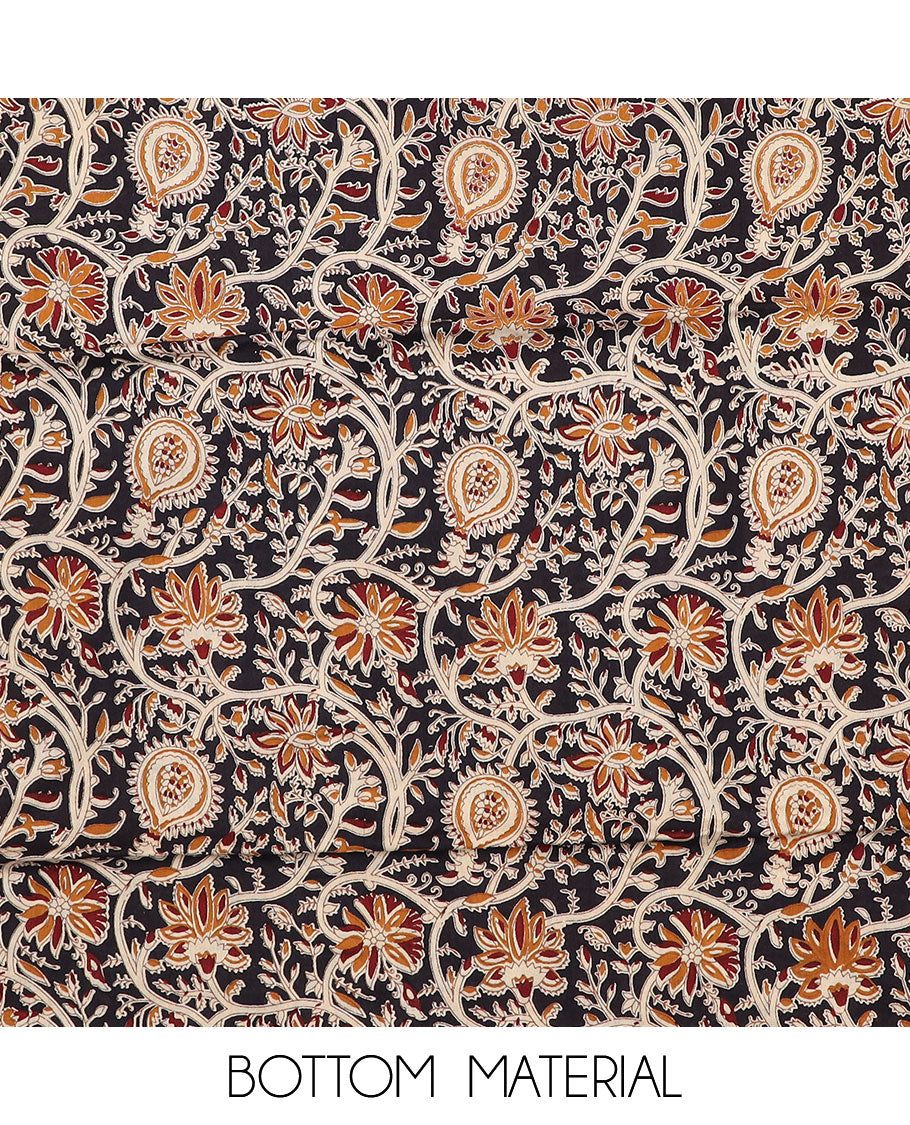 Pink material chudidar set, neck cloth and kantha style embroidered top, contrast floral vine printed bottom and dupatta