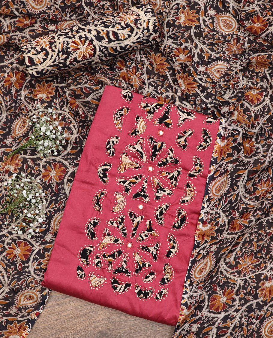 Pink material chudidar set, neck cloth and kantha style embroidered top, contrast floral vine printed bottom and dupatta
