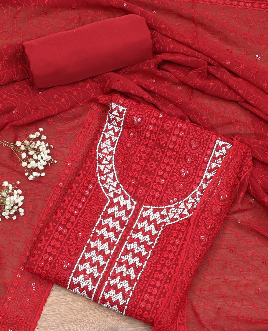 Red Material Chudidar Set, Decorated with Chikankari-style Thread Embroidered and Neck Stone Work Georgette Top, a Plain Santoon Bottom, and Paired with Embroidered Georgette Dupatta