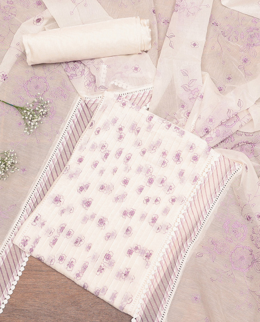 White Cotton Material Churidar Set, Styled with Floral Print Top, Matching Bottom, and Floral Dupatta