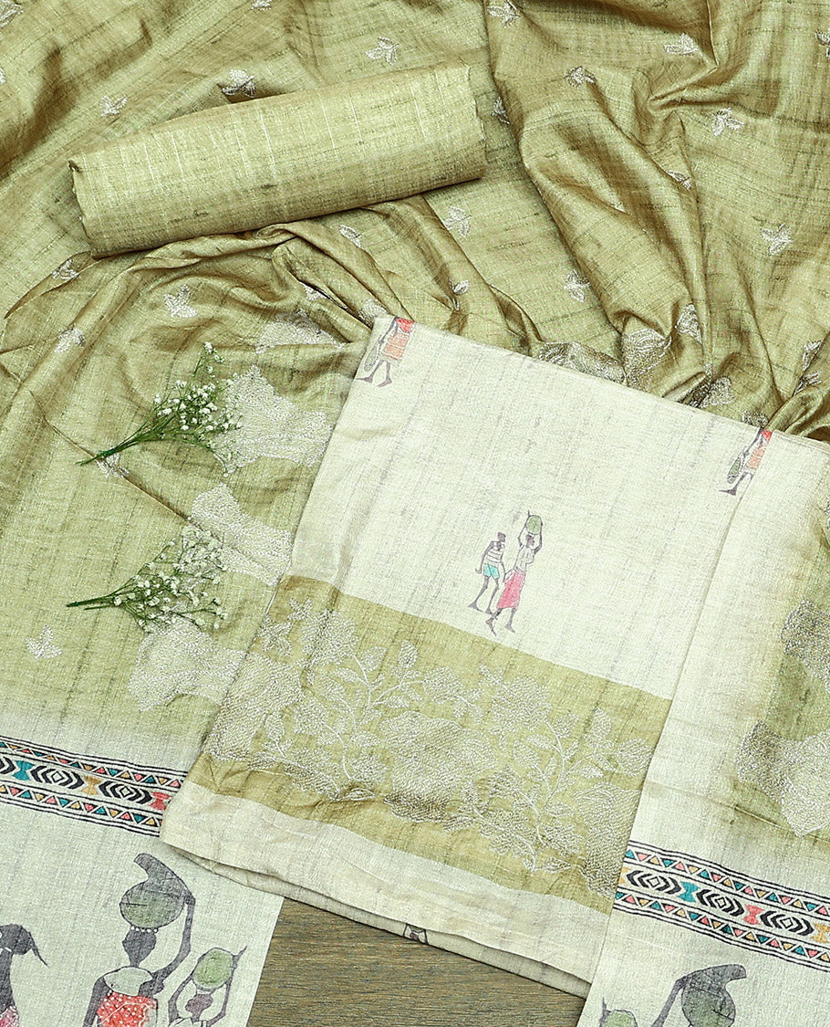 Chikku-Green Semi-Tussar Material Churidar Set, Embellished with Human-Animal Motif Top, a Contrast Bottom, and Leaf-Elephant Motif Dupatta