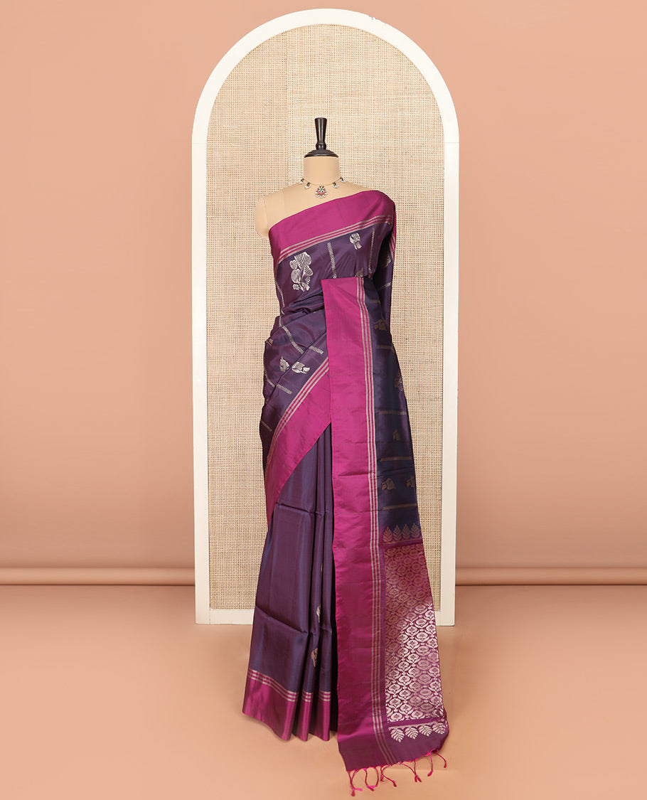 Purple Semi Uppada Saree Mesmerized with Zari Buttas, Complemented by a Contrasting Border, Pallu of Intricate Zari Designs, and Paired with a Contrast Blouse