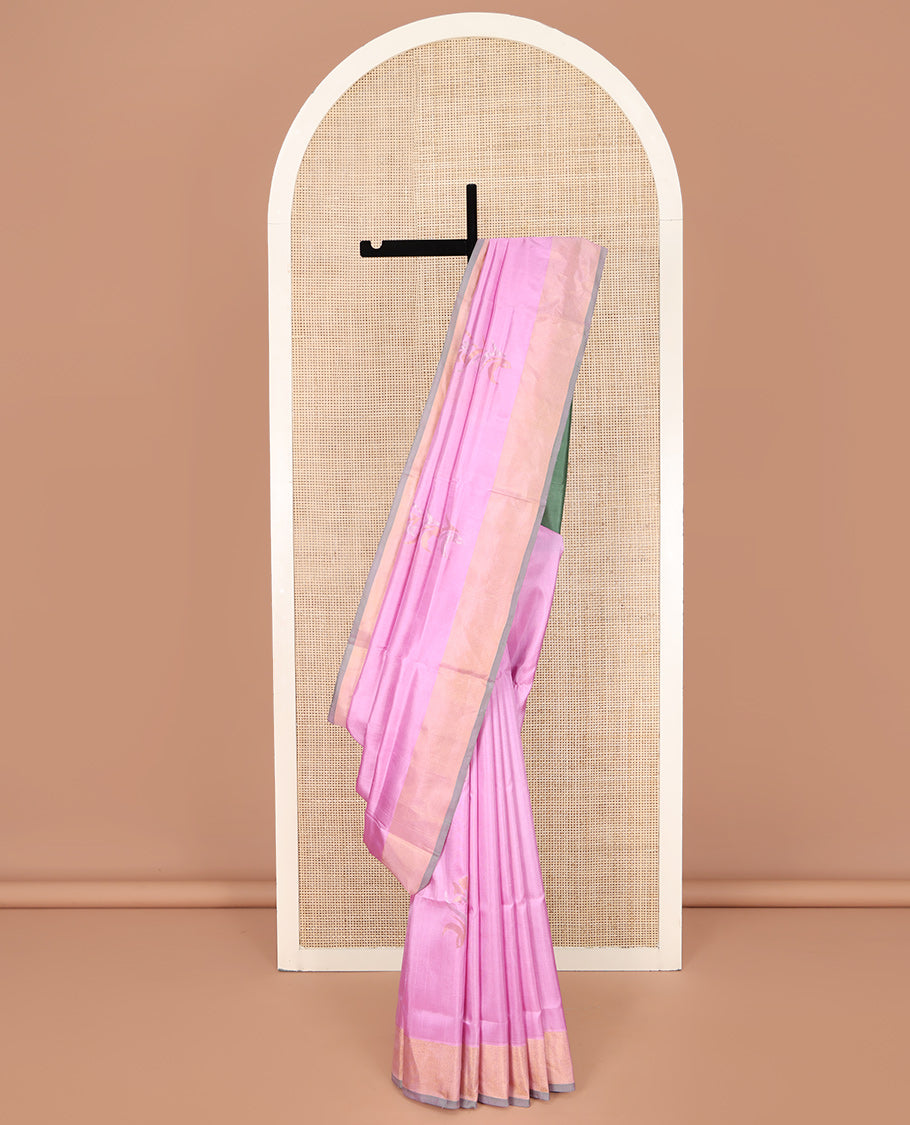 Pink Uppada Silk Saree, Detailed with Zari Buttas All Over Its Body, Complemented by a Contrast Plain Border, Pallu Steeped with Buttas, and Paired with a Contrast Blouse