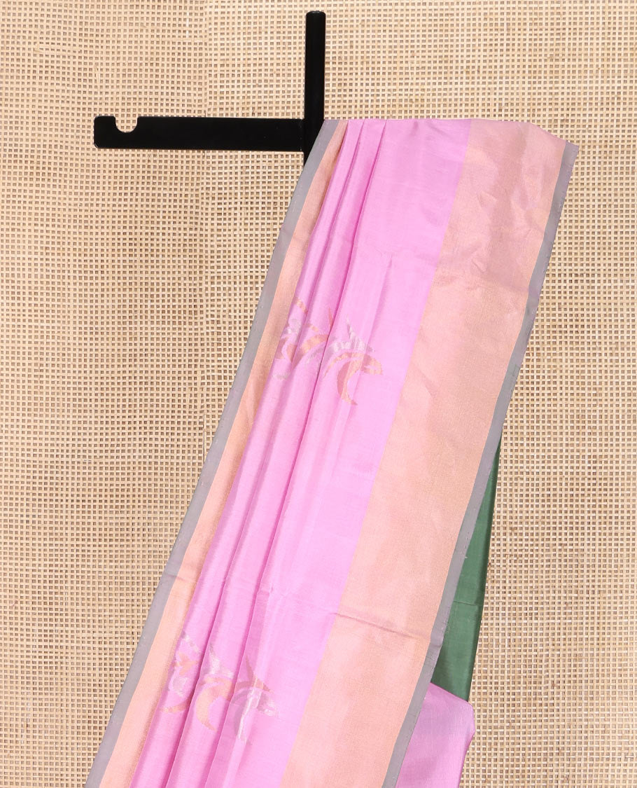 Pink Uppada Silk Saree, Detailed with Zari Buttas All Over Its Body, Complemented by a Contrast Plain Border, Pallu Steeped with Buttas, and Paired with a Contrast Blouse