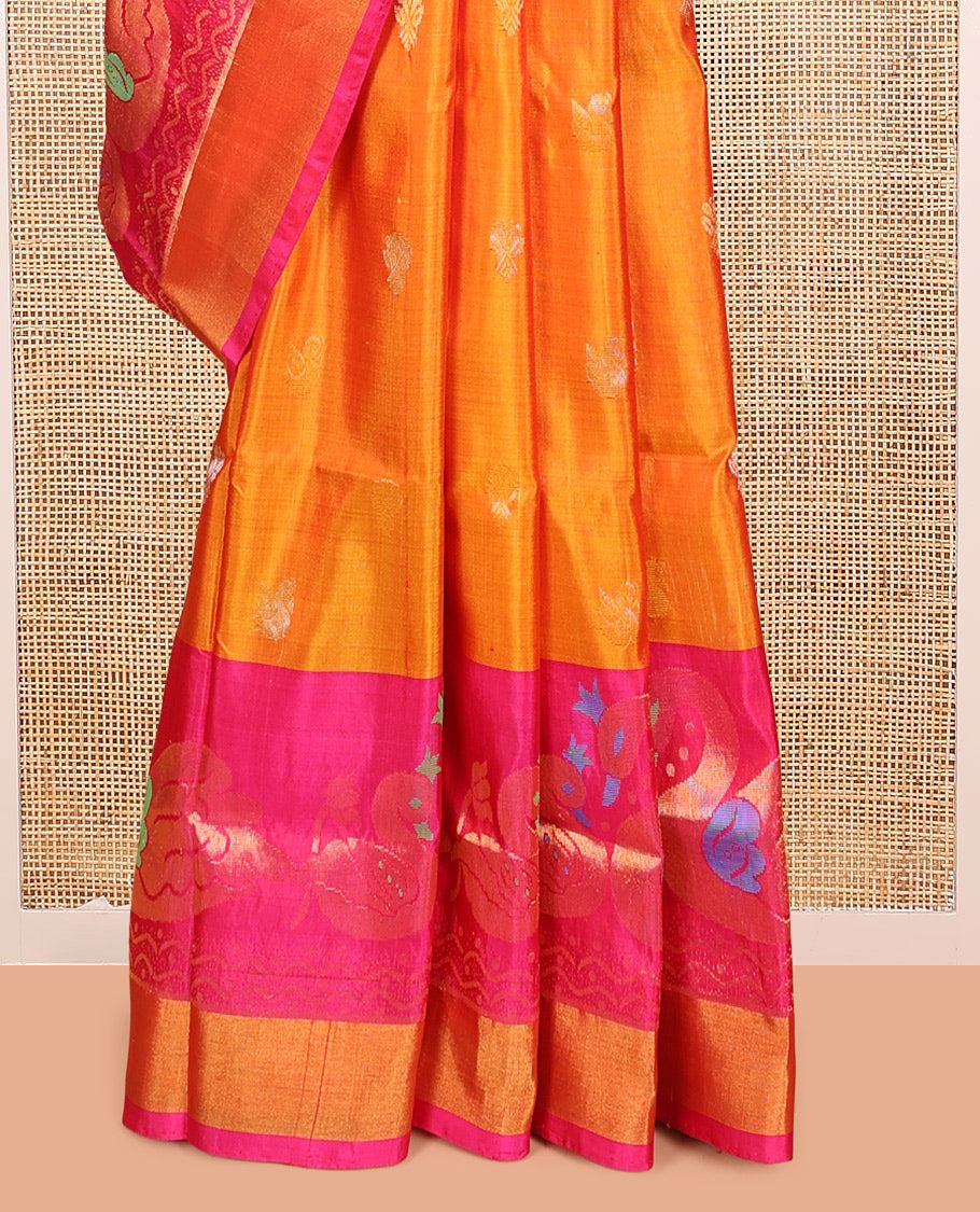 Orange Uppada Silk Saree, Masterfully Woven with Zari Buttas, Complemented by Contrast Peacock Buttas Border, Grand Jaal Pallu and a Contrast Blouse