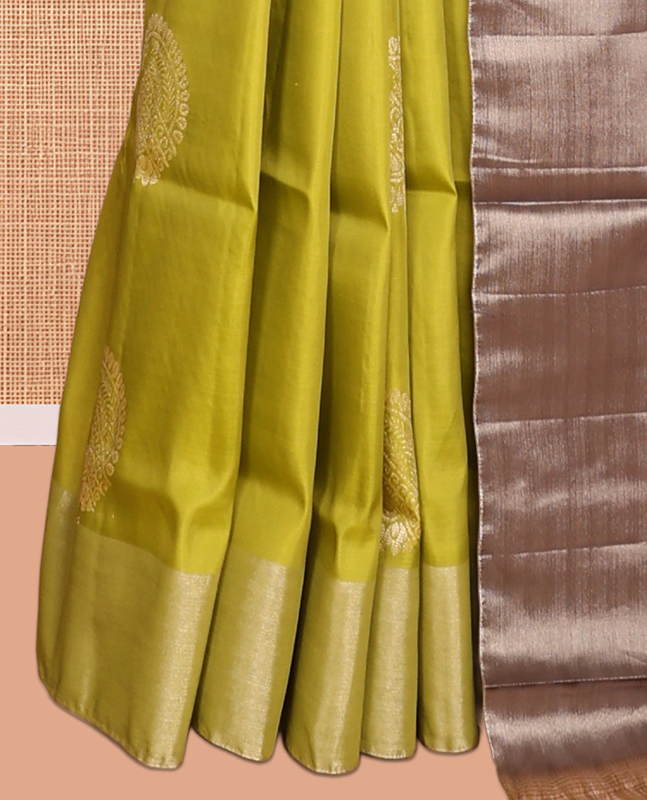 Green Semi Uppada Saree, Enriched with Zari Buttas, a Bavanji Border, Contrast Diagonal Leaf Vine Pallu, and a Contrast Blouse