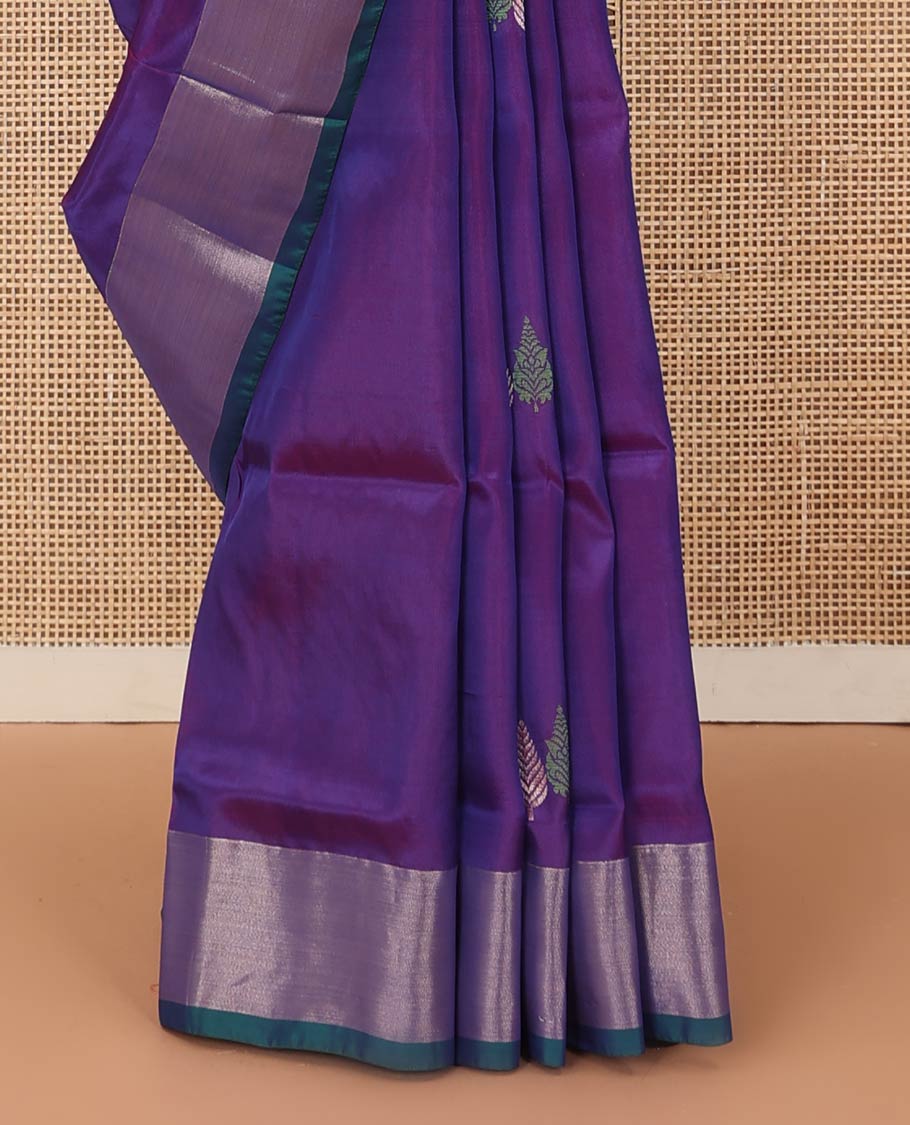 Violet cypress tree buttas Uppada saree, contrast bavanji border, and jaal design pallu