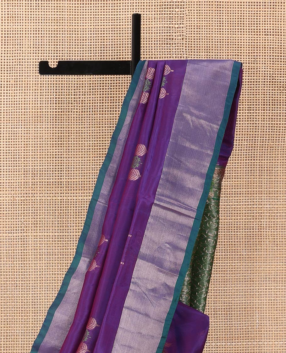 Violet cypress tree buttas Uppada saree, contrast bavanji border, and jaal design pallu