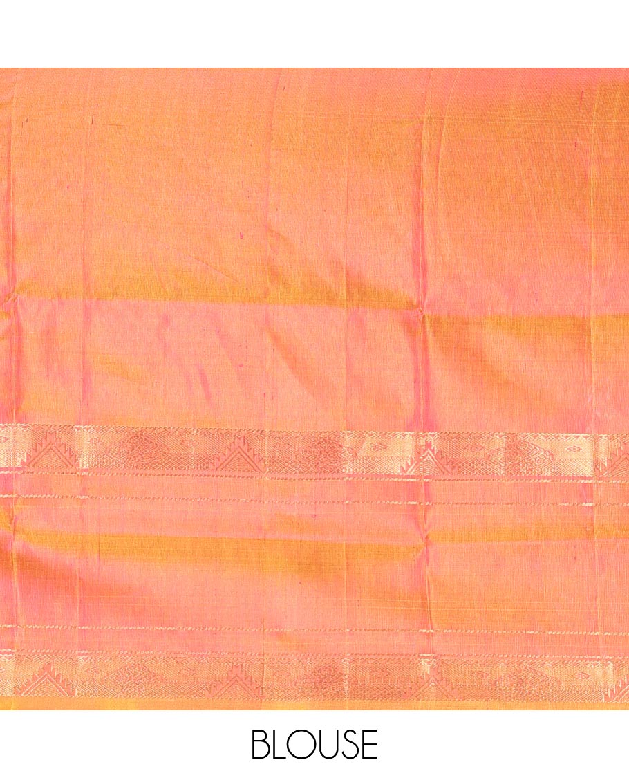 Red Uppada Silk Saree Elevated with Floral Buttas, Captivating Contrast Border of Traditional Zari Motifs and Peacock Motifs, Pallu Depicting Floral Jaal Design, and Paired with a Contrast Zari-Bordered Blouse
