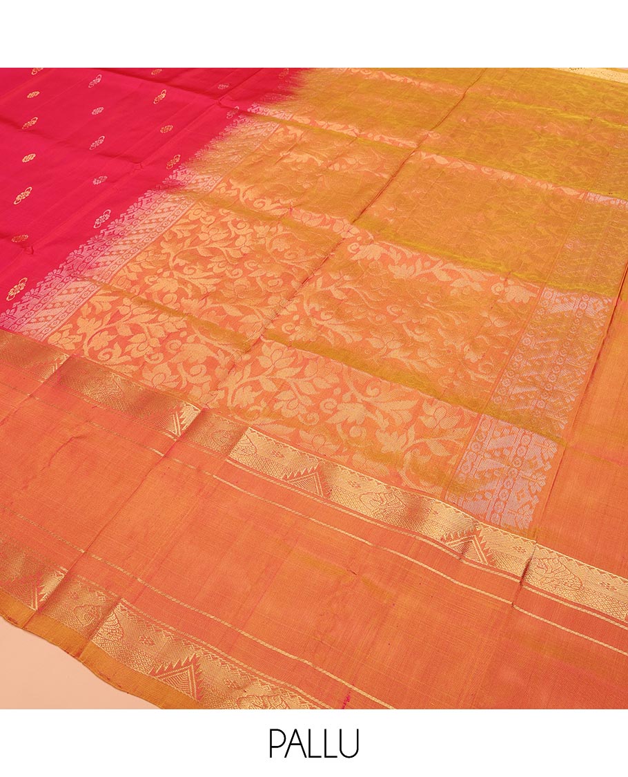 Red Uppada Silk Saree Elevated with Floral Buttas, Captivating Contrast Border of Traditional Zari Motifs and Peacock Motifs, Pallu Depicting Floral Jaal Design, and Paired with a Contrast Zari-Bordered Blouse
