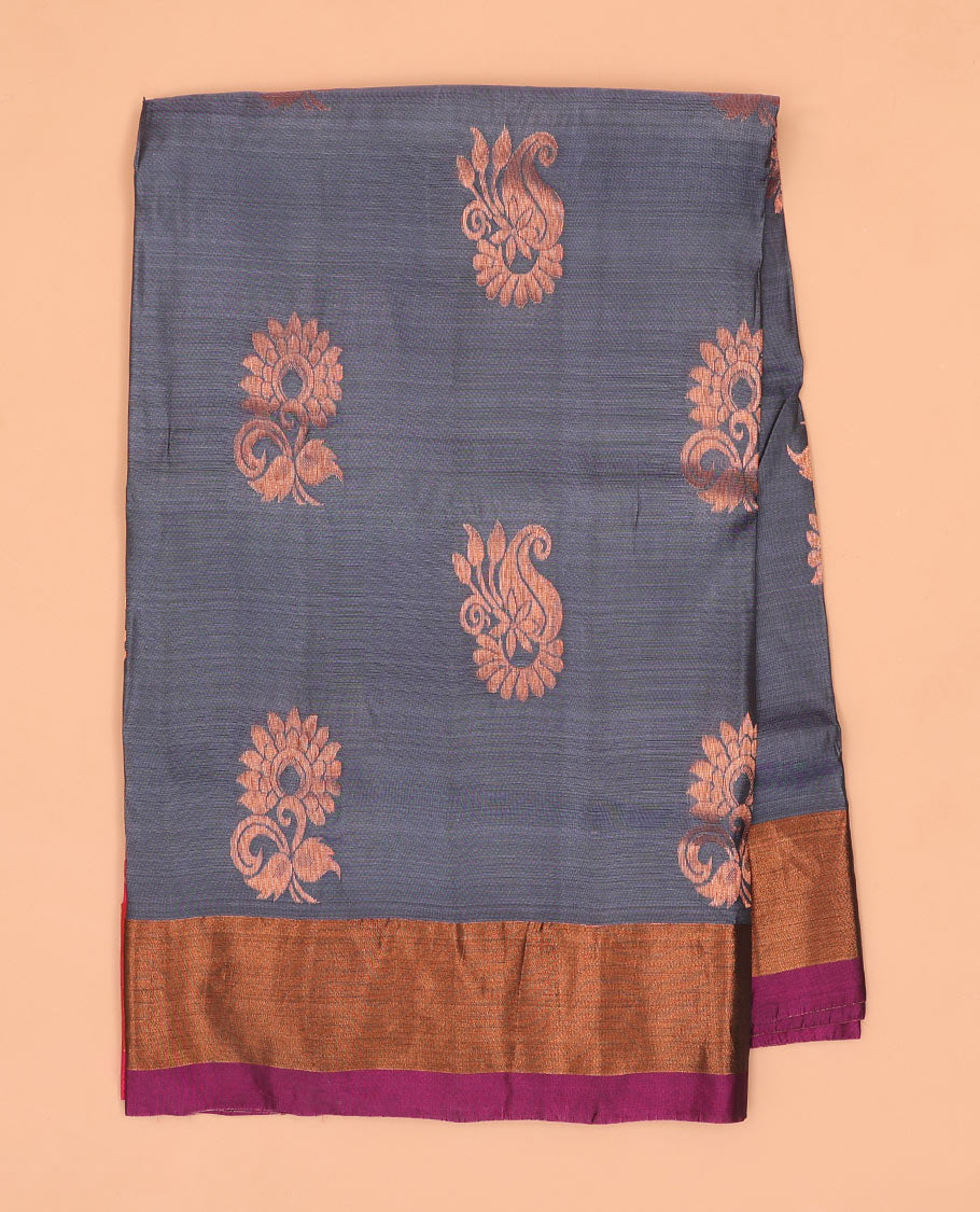 Grey floral motifs semi-uppada saree with contrast zari border & zari jaal design pallu