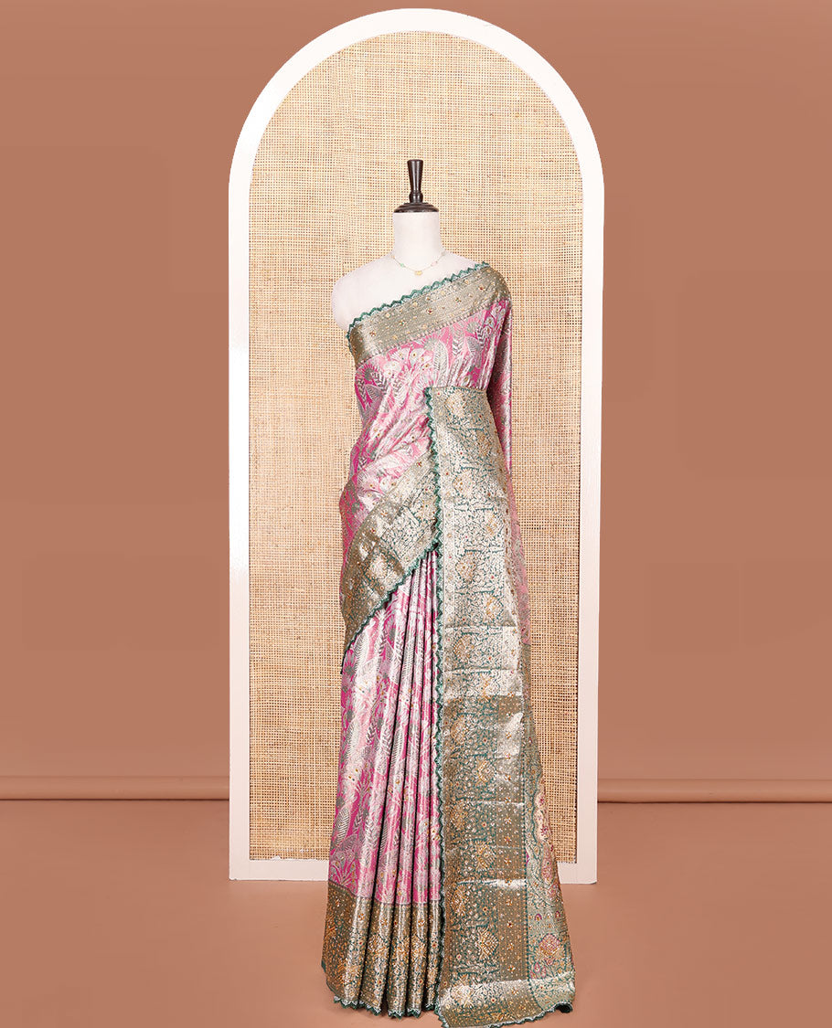 Purple Vastrakala Silk Saree, Spotlighted with Jacquard and Embroidery Work, Complemented by Contrast Traditional Zari and Cut Embroidered Scallop Border, Gleaming Mughal-Style Zari Weave Stone Work Pallu, and Paired with Contrast Heavy Embroidered Blouse