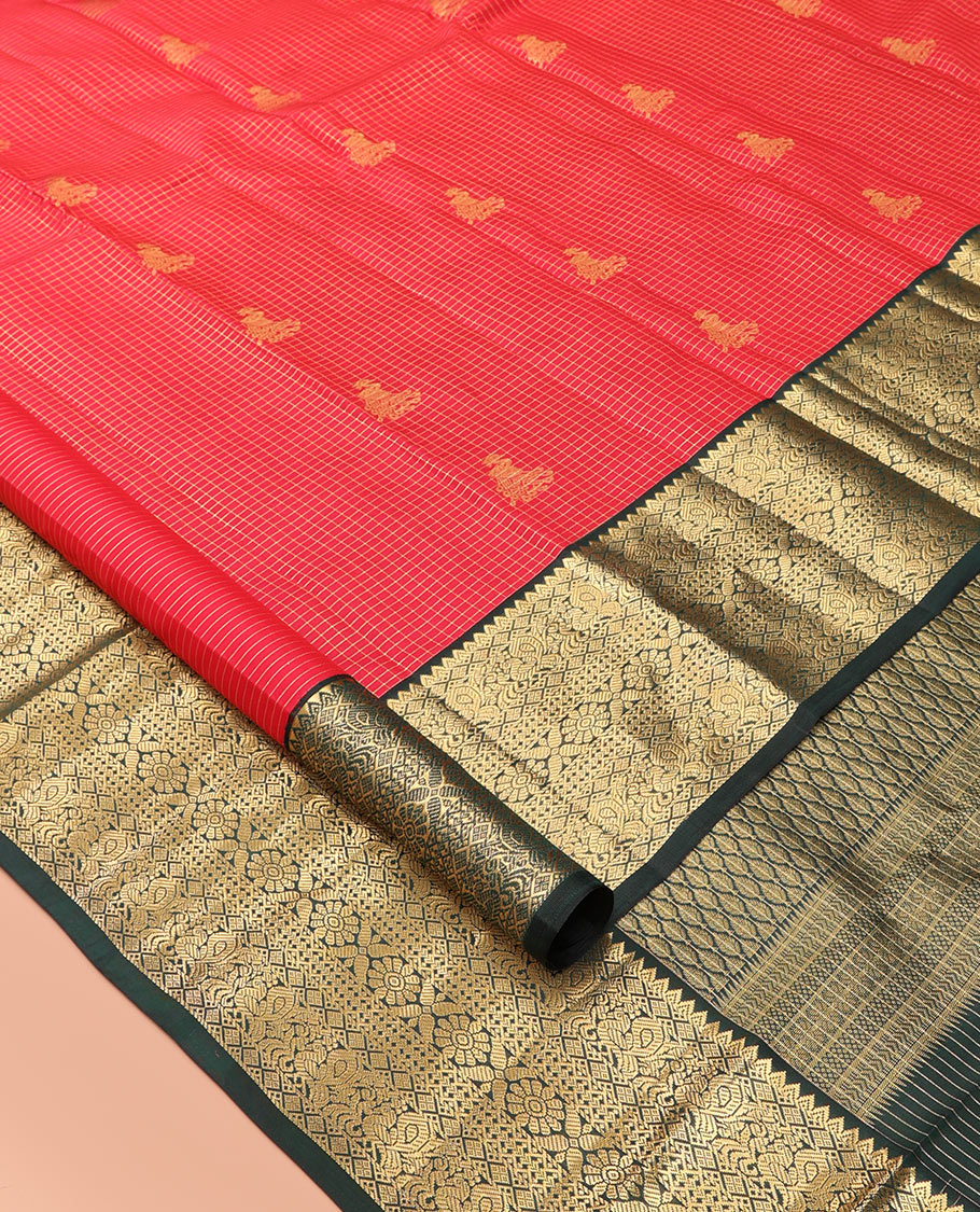 Red Butta Enclosed Checks Vasundhara Lite Silk Mix Saree, a Contrast Mayil Border, Contrast Blouse