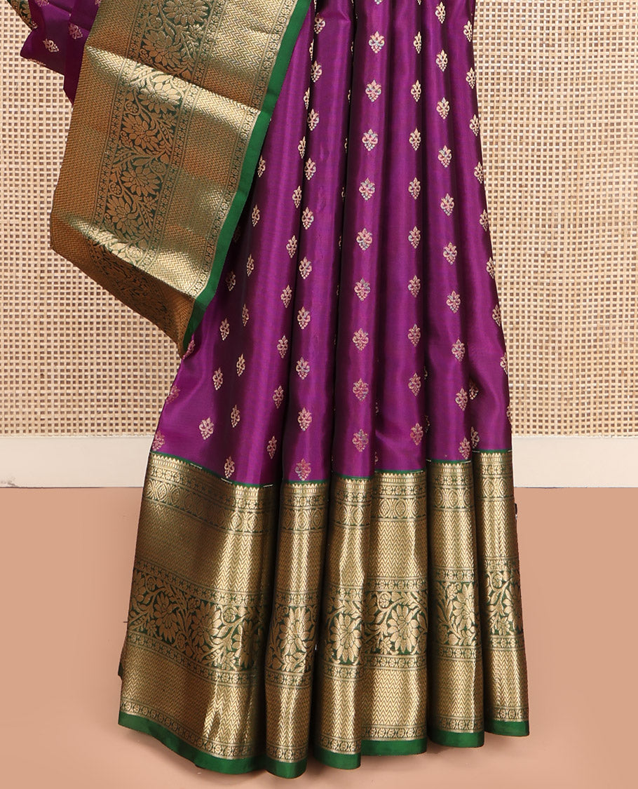 Purple Vasundhara Lite Silk Mix Saree, Adorned with Zari Buttas All Over Its Body, Complemented by a Contrast Border of Rekku, Muthu, Vanki, Kodi Visiry, and Laddu Kamalam Designs, Gracefully Embellished Pallu, and Paired with a Contrast Blouse