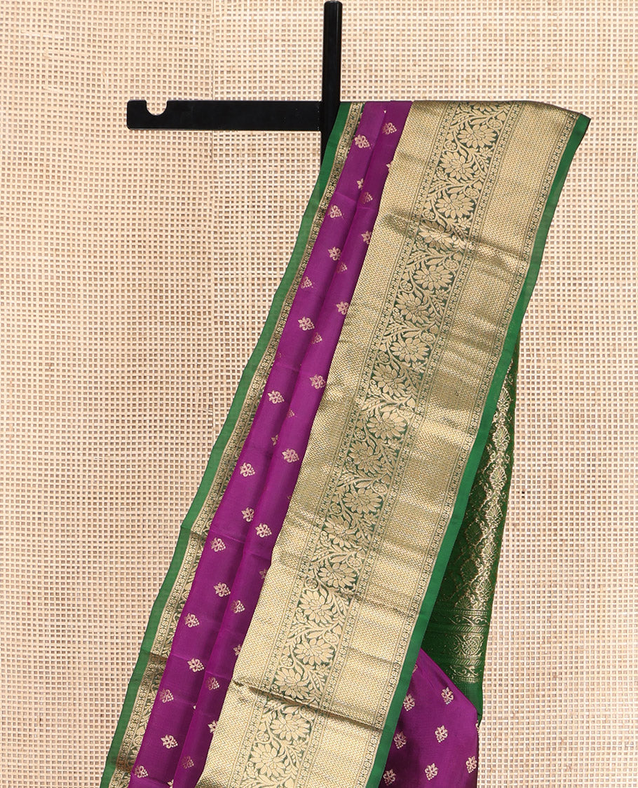 Purple Vasundhara Lite Silk Mix Saree, Adorned with Zari Buttas All Over Its Body, Complemented by a Contrast Border of Rekku, Muthu, Vanki, Kodi Visiry, and Laddu Kamalam Designs, Gracefully Embellished Pallu, and Paired with a Contrast Blouse