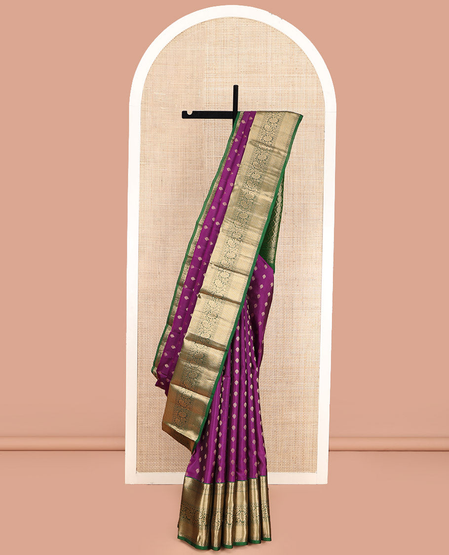 Purple Vasundhara Lite Silk Mix Saree, Adorned with Zari Buttas All Over Its Body, Complemented by a Contrast Border of Rekku, Muthu, Vanki, Kodi Visiry, and Laddu Kamalam Designs, Gracefully Embellished Pallu, and Paired with a Contrast Blouse