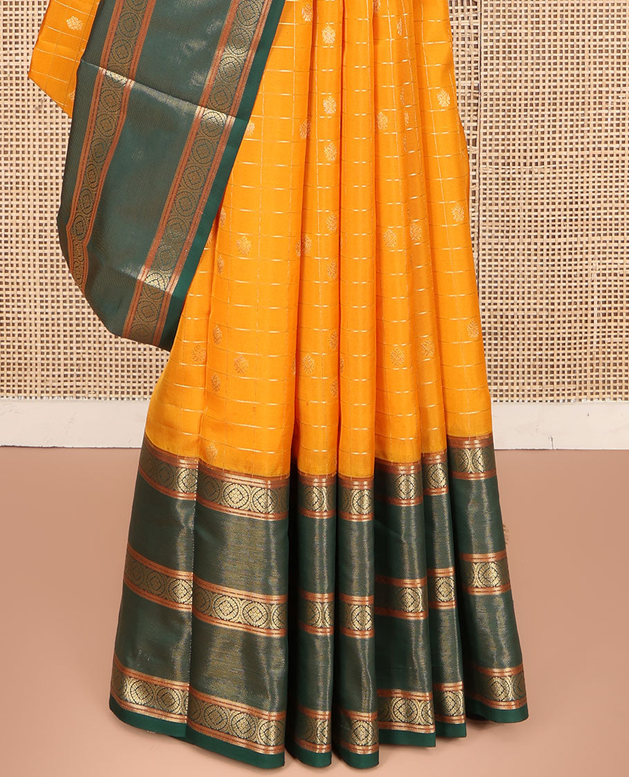Orange Vasundhara Lite Silk Mix Saree, Artfully Detailed with Zari Buttas Enclosed Checks on Its Body, Complemented by a Contrast Border of Poo Chakram Designs, Intricately Designed Jaal Pallu, and Paired with a Contrast Blouse