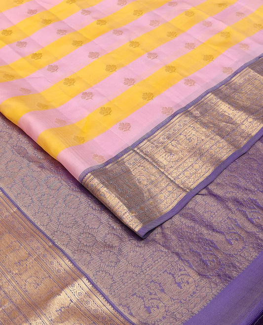 Yellow-pink striped & zari buttas Vasundhara elite silksaree, contrast border of rekku,kathir,kamalam,diamond & mayil & floral pallu