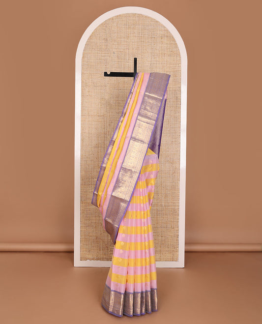 Yellow-pink striped & zari buttas Vasundhara elite silksaree, contrast border of rekku,kathir,kamalam,diamond & mayil & floral pallu