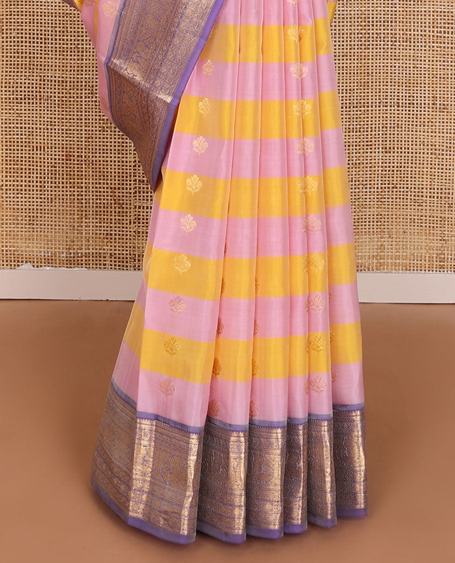 Yellow-pink striped & zari buttas Vasundhara elite silksaree, contrast border of rekku,kathir,kamalam,diamond & mayil & floral pallu