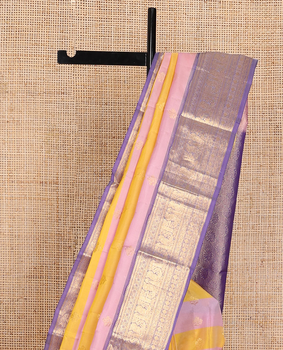 Yellow-pink striped & zari buttas Vasundhara elite silksaree, contrast border of rekku,kathir,kamalam,diamond & mayil & floral pallu