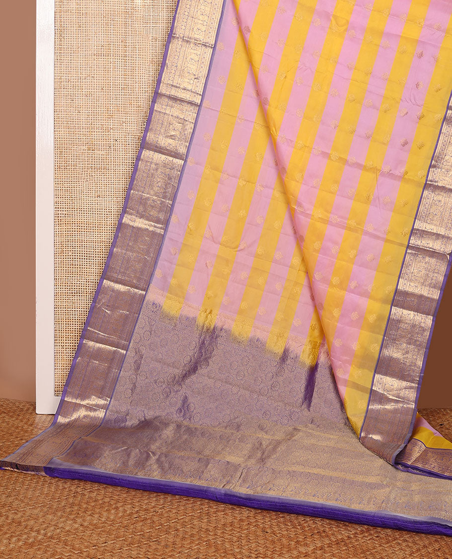 Yellow-pink striped & zari buttas Vasundhara elite silksaree, contrast border of rekku,kathir,kamalam,diamond & mayil & floral pallu