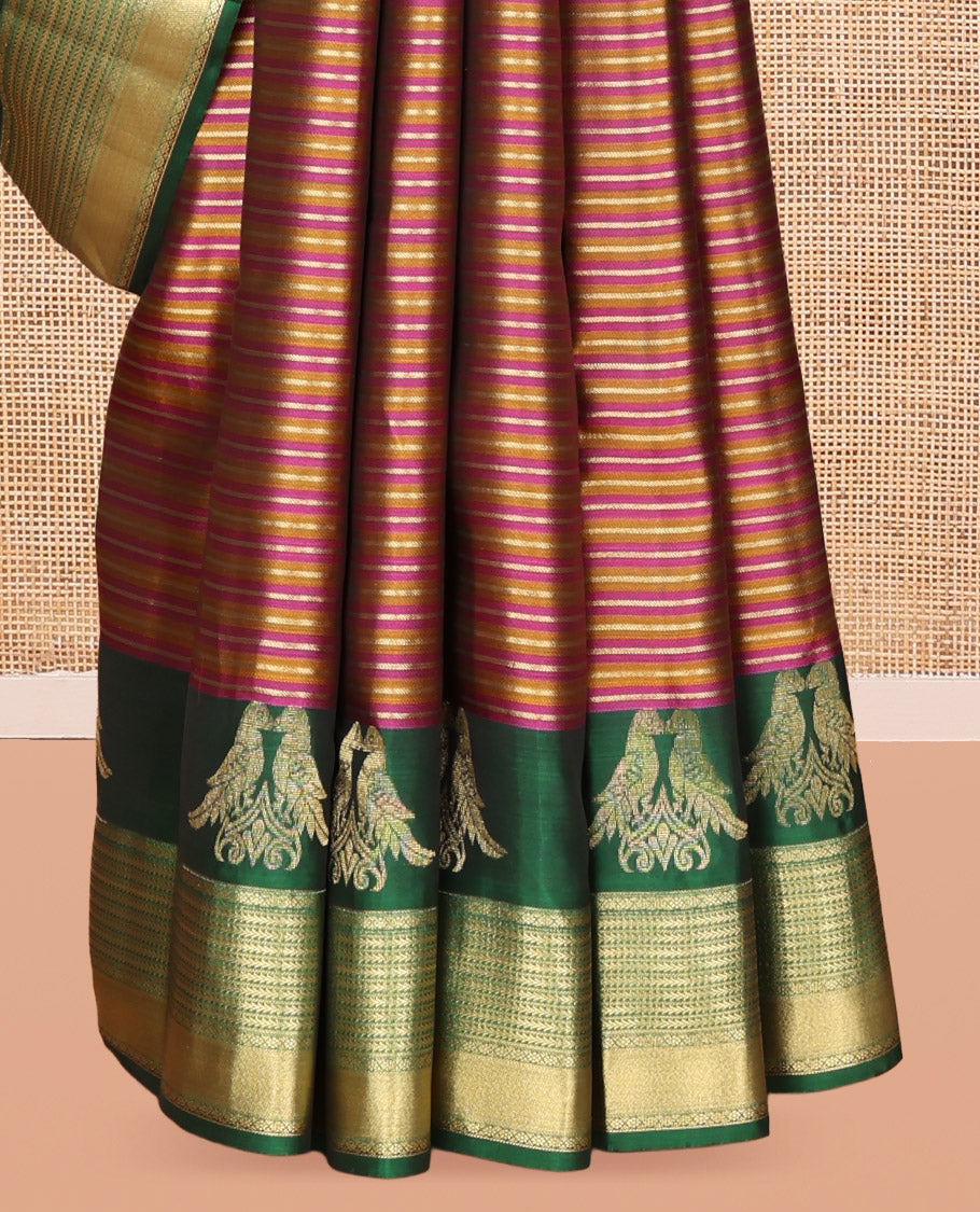 Multi-Color Striped Vasundhara Lite Silk Mix Saree, a Contrast Border of Kili, Kathir, and Kamalam Designs, Grand Pallu, and a Contrast Blouse