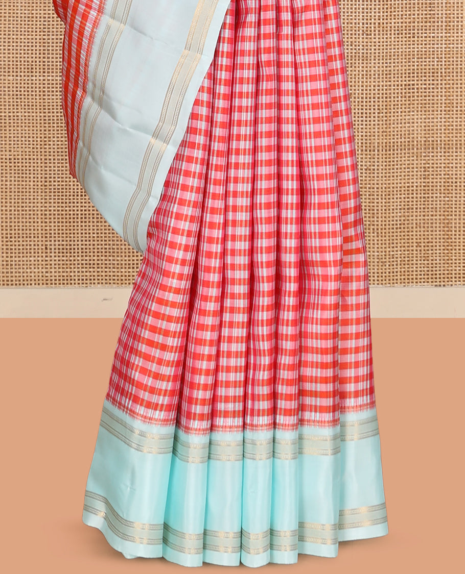 Orange Checked Vasundhara Lite Silk Mix Saree, a Contrast Rettai Pettu Border, Zari Striped Pallu, and a Contrast Blouse