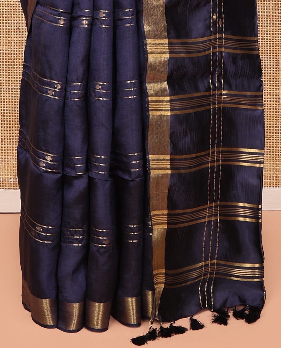 Blue Banana Pith Saree, Uniquely Detailed with Buttas and Stripes All Over Its Body, Highlighted by a Zari Temple Border, Gleaming Zari-Striped Pallu, and Paired with a Matching Blouse