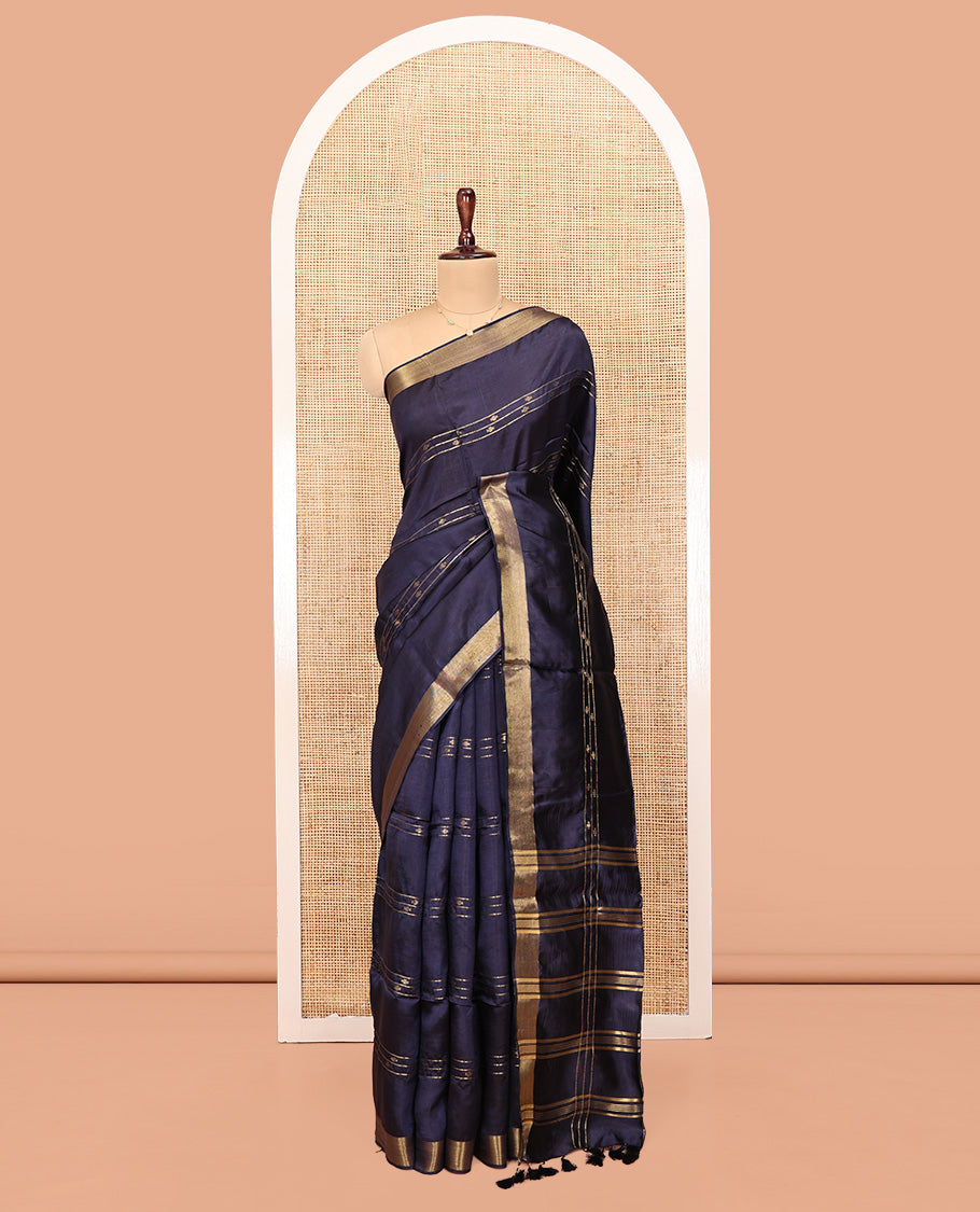 Blue Banana Pith Saree, Uniquely Detailed with Buttas and Stripes All Over Its Body, Highlighted by a Zari Temple Border, Gleaming Zari-Striped Pallu, and Paired with a Matching Blouse