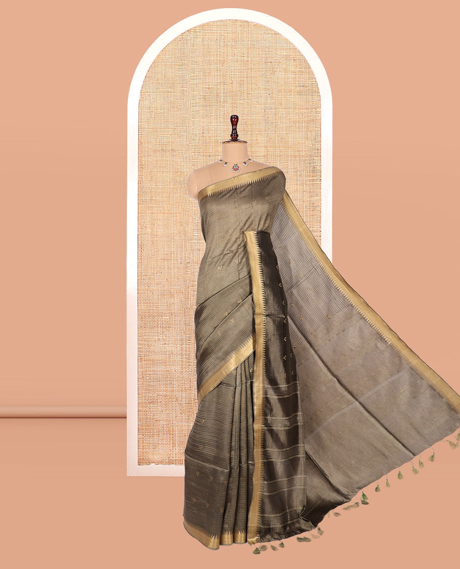 Grey Banana Pith Saree, Sparsely Threaded with Buttas and Stripes, a Zari Temple Border, Striped Pallu, and Matching Blouse