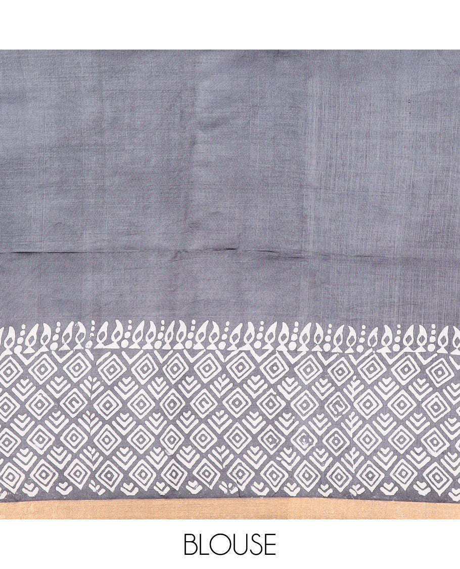 Grey printed banana pith saree, self-border of print, and zari work, and printed pallu